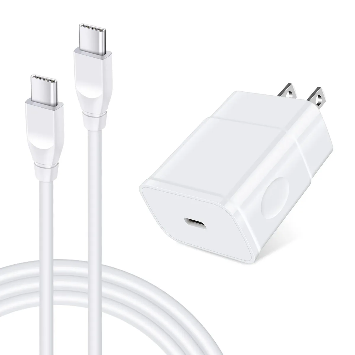 White USB-C wall charger with long white cable attached