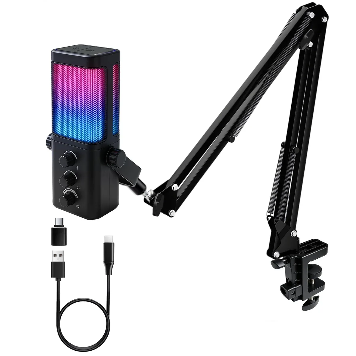  VCOM 905B-Black USB Microphone with Boom Arm, 3.5 mm Jack, RGB, Mute, 192 kHz/24 Bit — product photo
