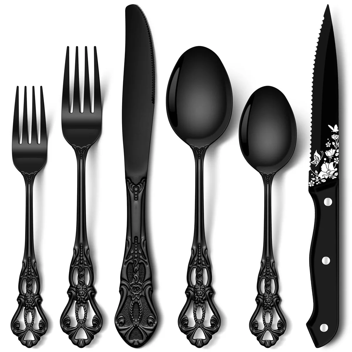 Black stainless steel 48-piece cutlery set with baroque handles and steak knives