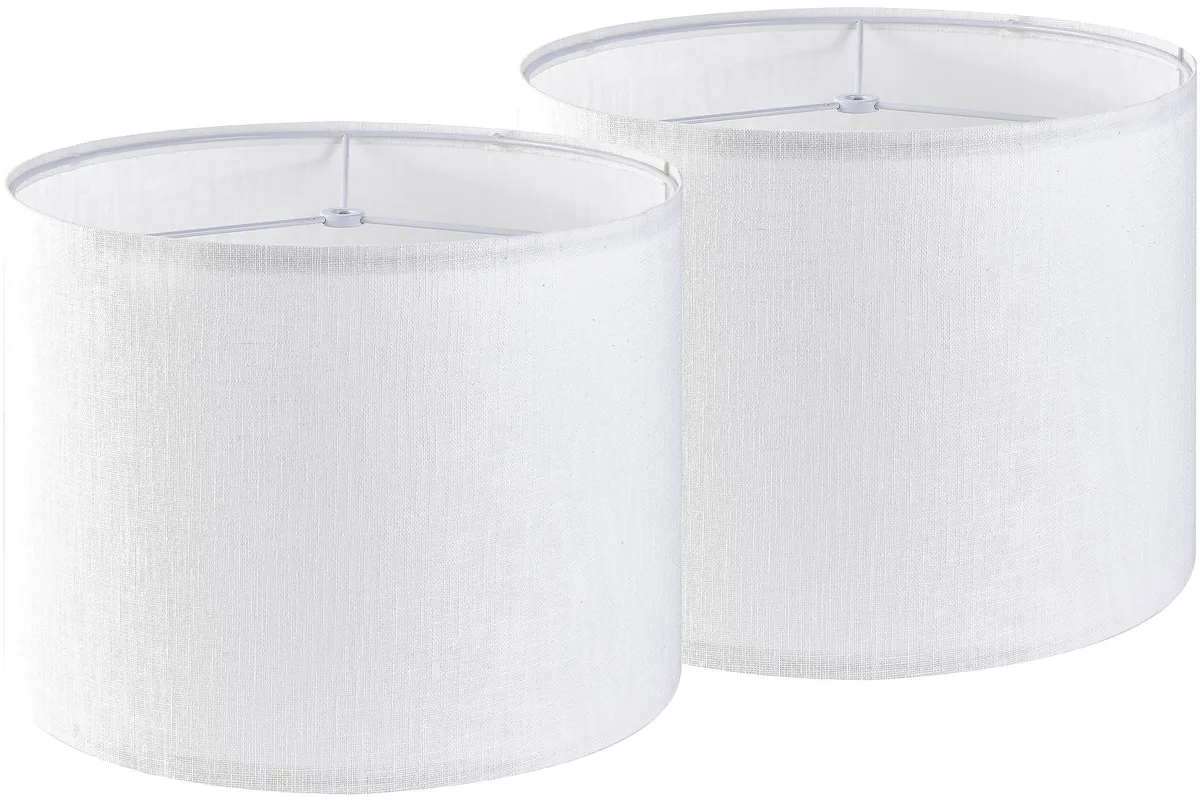 Two pure white linen drum shades, 13 by 13 by 10 inches, spider fitter with metal clips