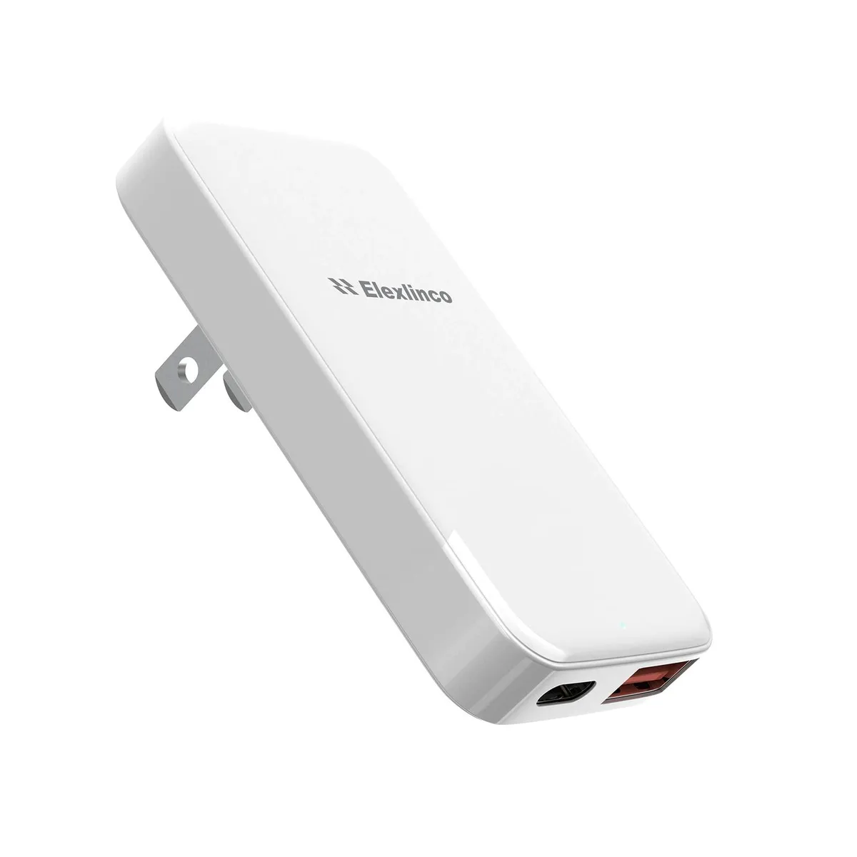 Compact white wall charger with foldable plug and USB-C plus USB-A ports