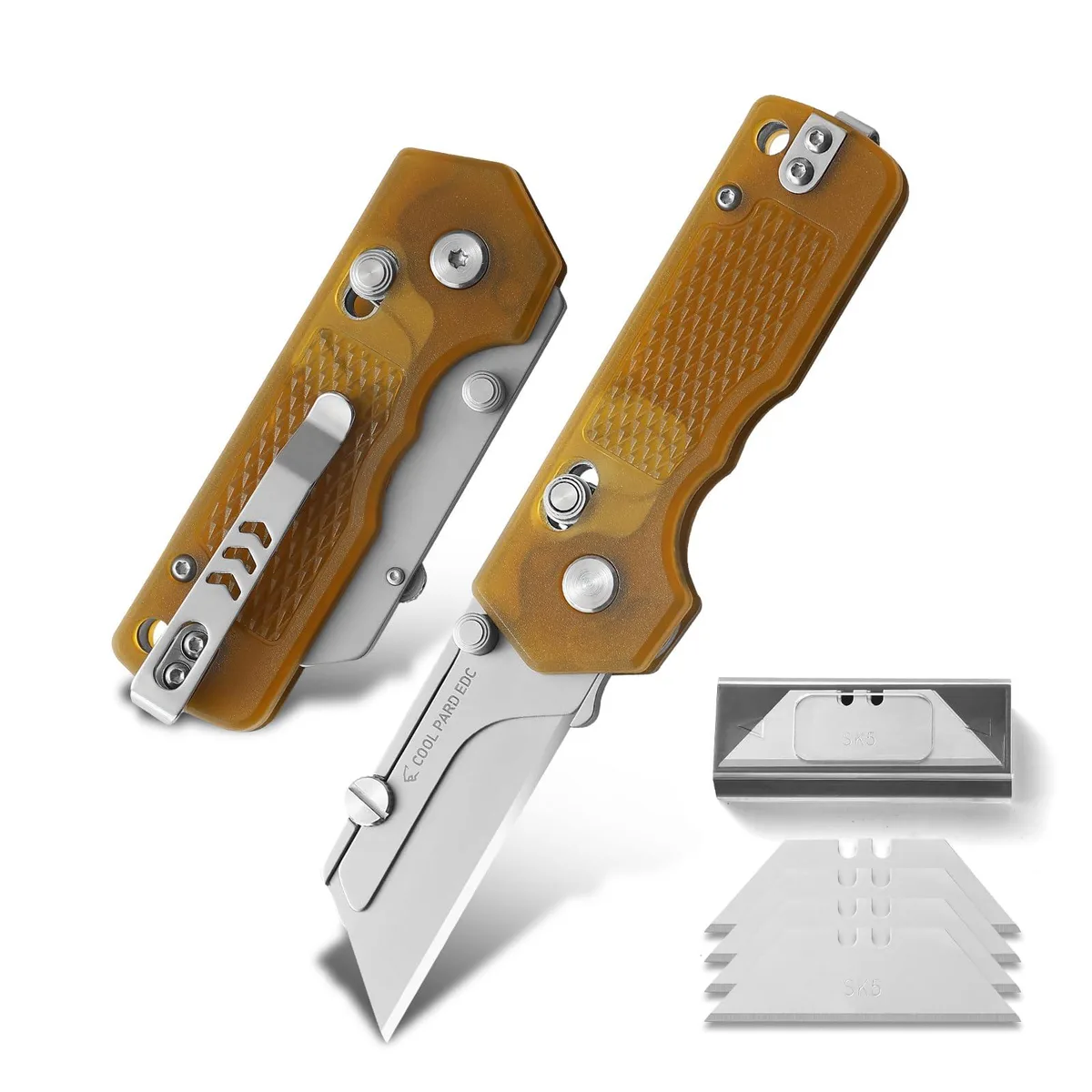 Amber folding utility knife with fiberglass nylon handle, rail lock and pocket clip