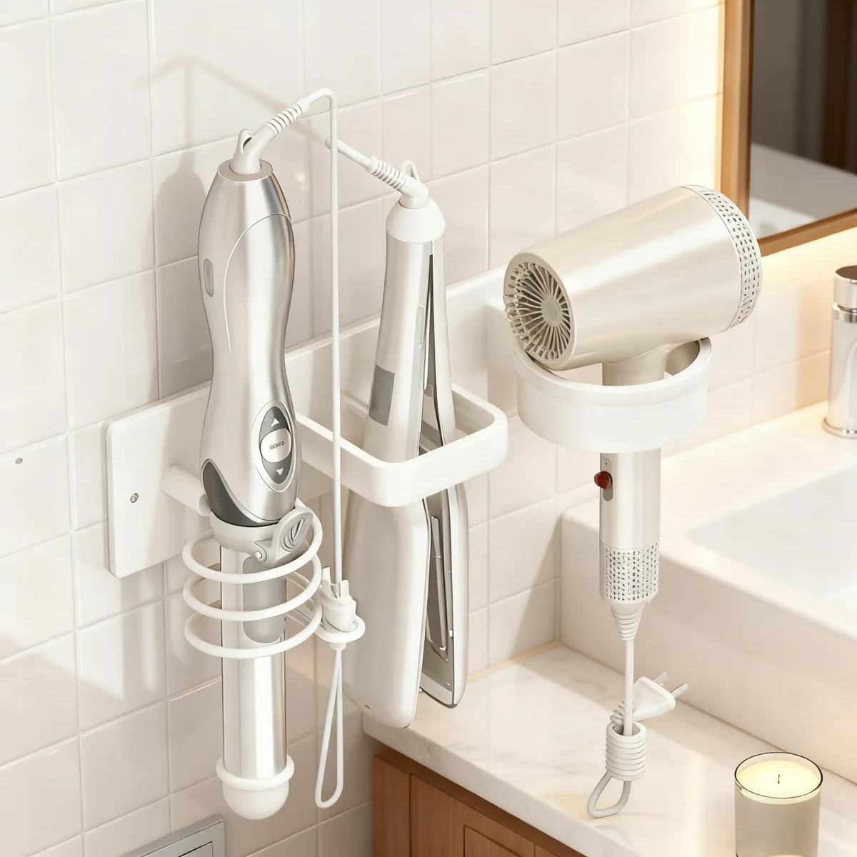 White metal wall-mounted hair tool organizer with three slots and adhesive strips