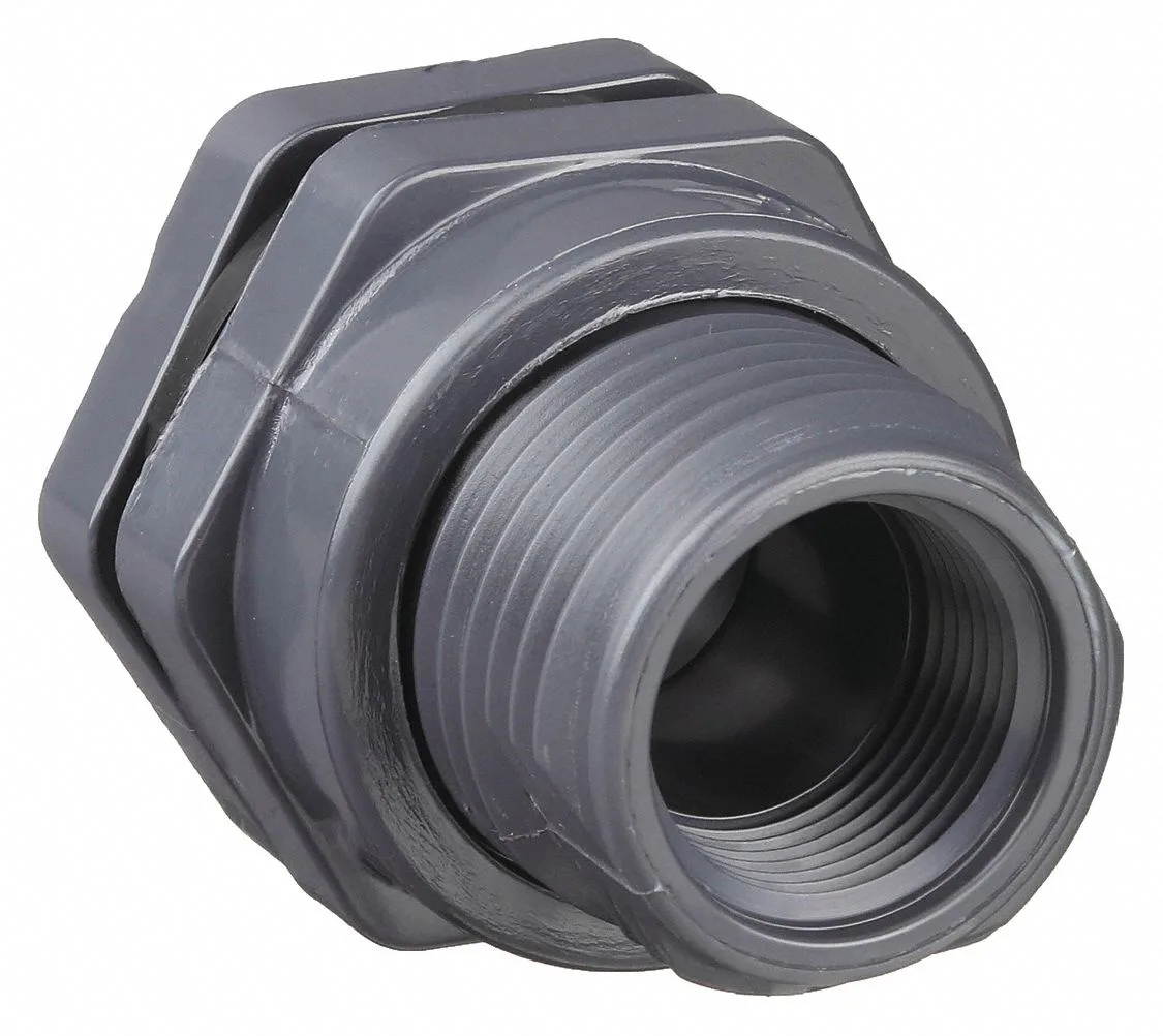 Gray PVC bulkhead fitting with threaded and socket ends