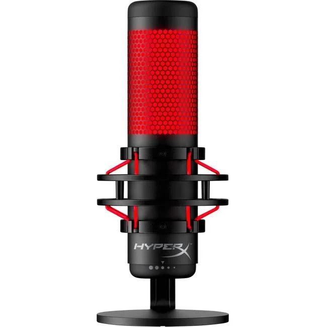 Black cylindrical USB condenser microphone with integrated shock mount and red LED mute indicator