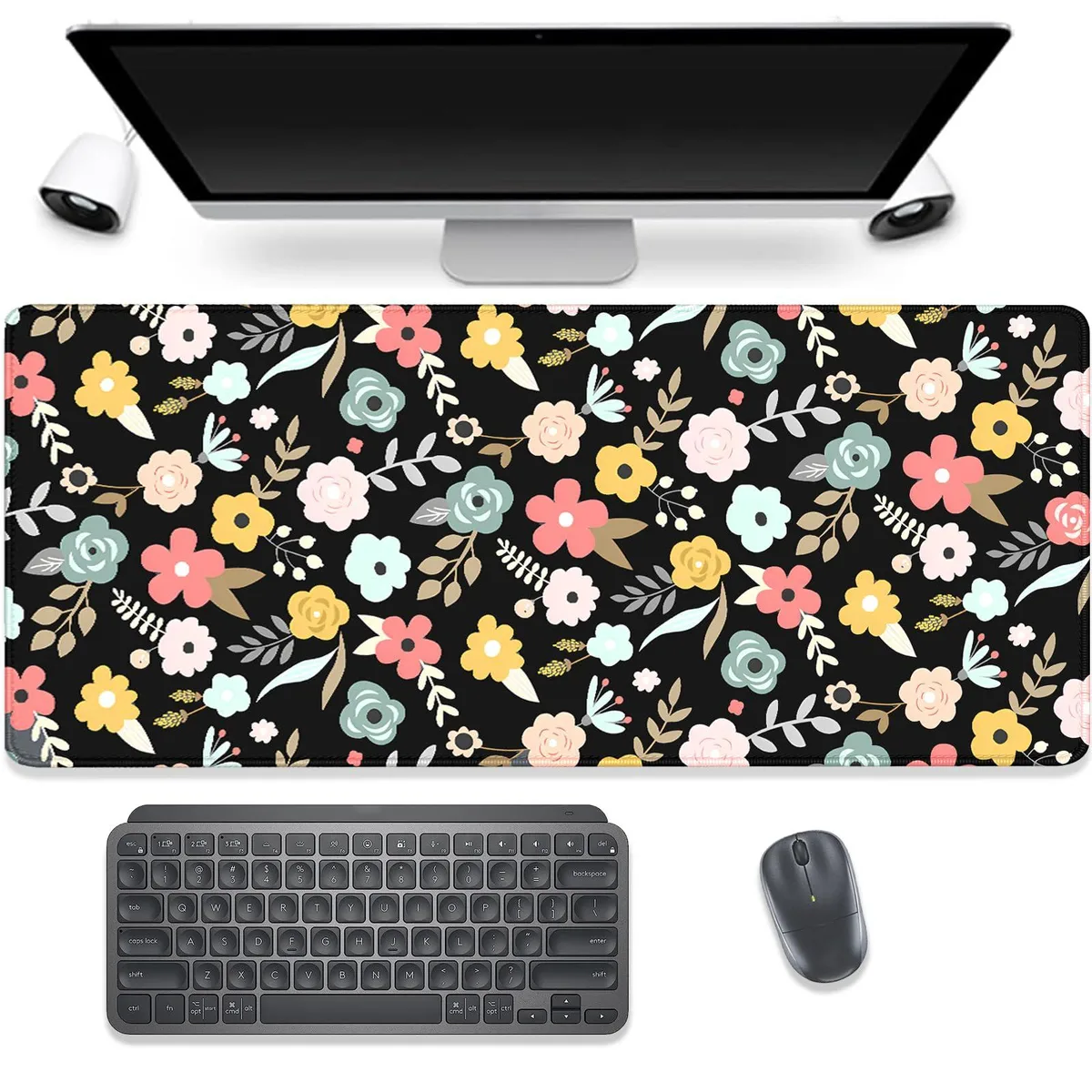  Keychron PBLJMJ 001 Black Vintage Flower Mouse Pad 27.5x11.8in 2mm — product photo