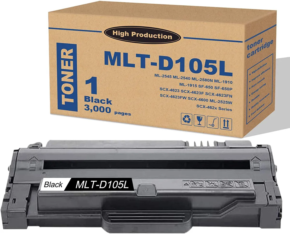 Rectangular black toner cartridge in sealed packaging