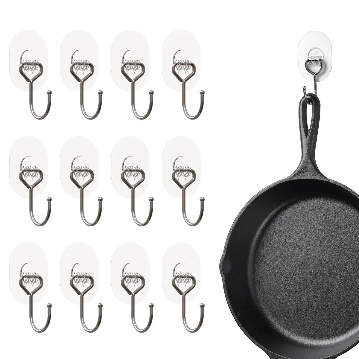 Twelve clear waterproof adhesive hooks with stainless steel loops on a sheet