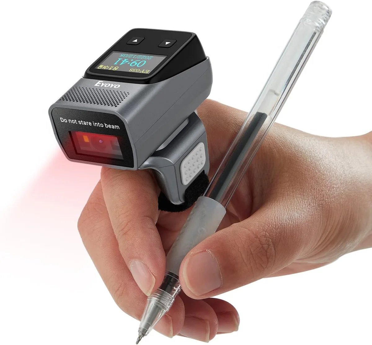 Small ring barcode scanner with a colour screen and rotating head