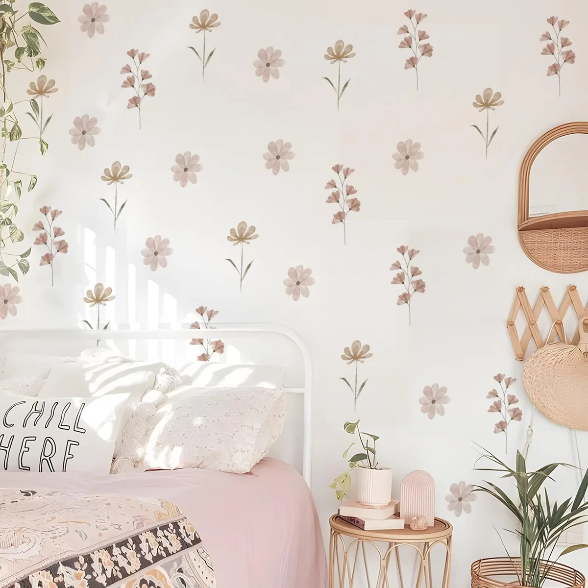 Twelve sheets of pink vinyl daisy stickers, 84 pieces total