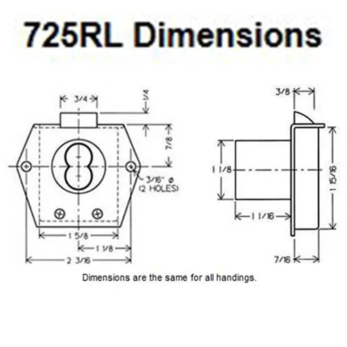 Olympus Lock Inc. Olympus Lock Inc. 725RL-DW-26D-VH Satin Chrome Cabinet Drawer Lock Vertical Handing — product photo