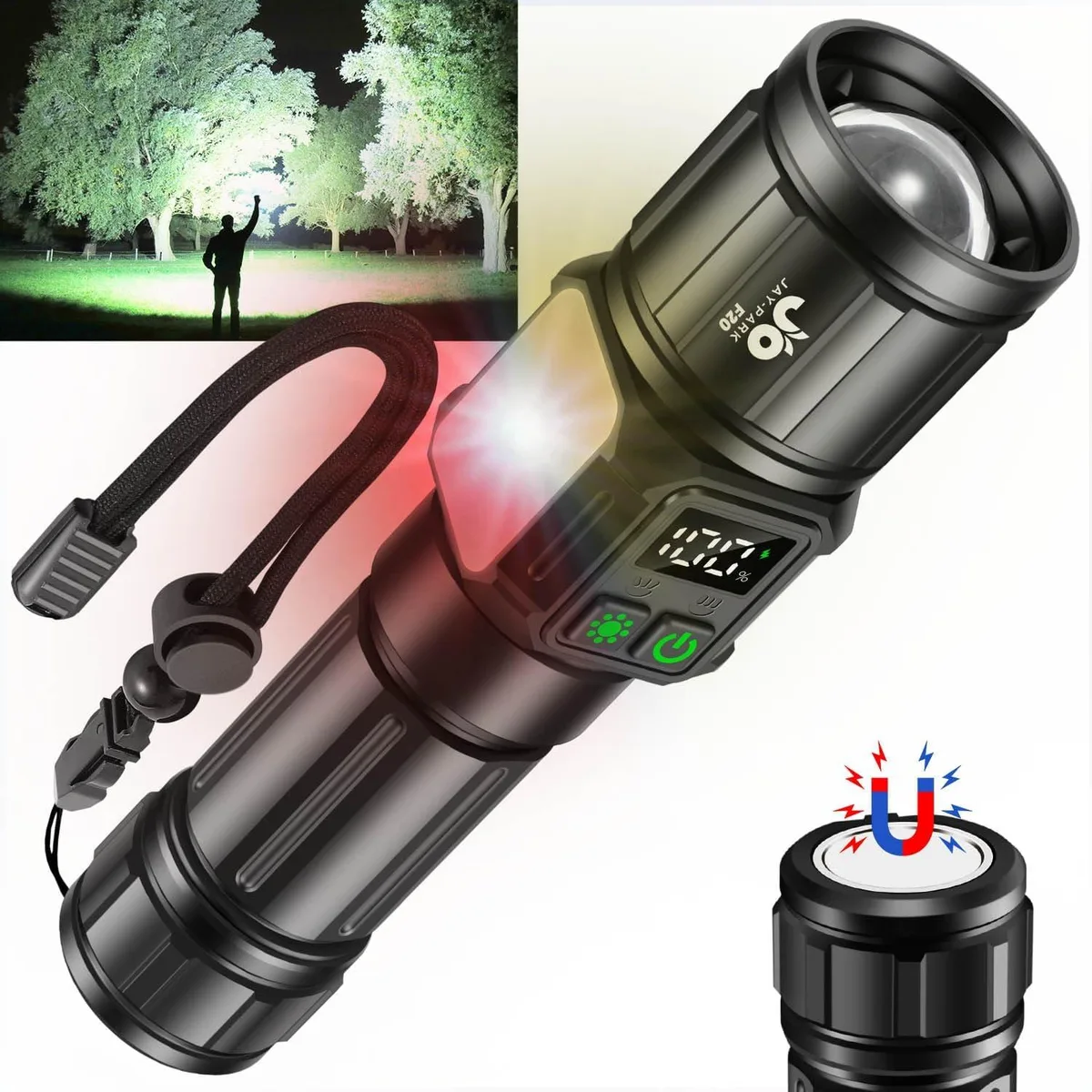 Silver cylindrical flashlight with magnetic base and textured grip