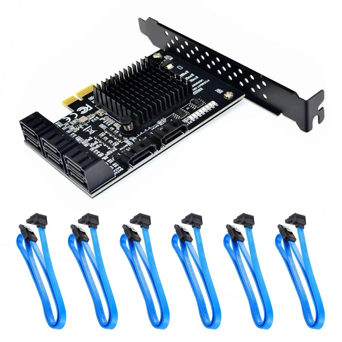 Vszerda Vszerda 8 Port SATA 3.0 PCIe Card 6 Blue 90° Cables Heat Sink Low Profile Bracket — product photo