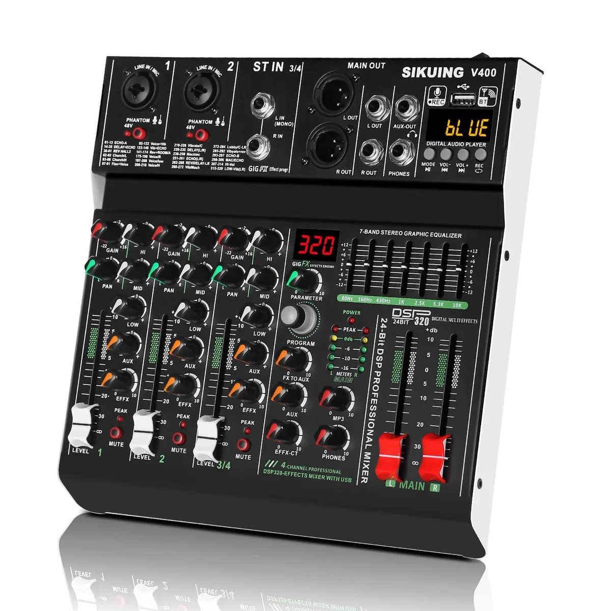 SIKUING 402VLZ4 4-Channel Audio Mixer Bluetooth 5.0 320 DSP 48V Phantom Power — product photo