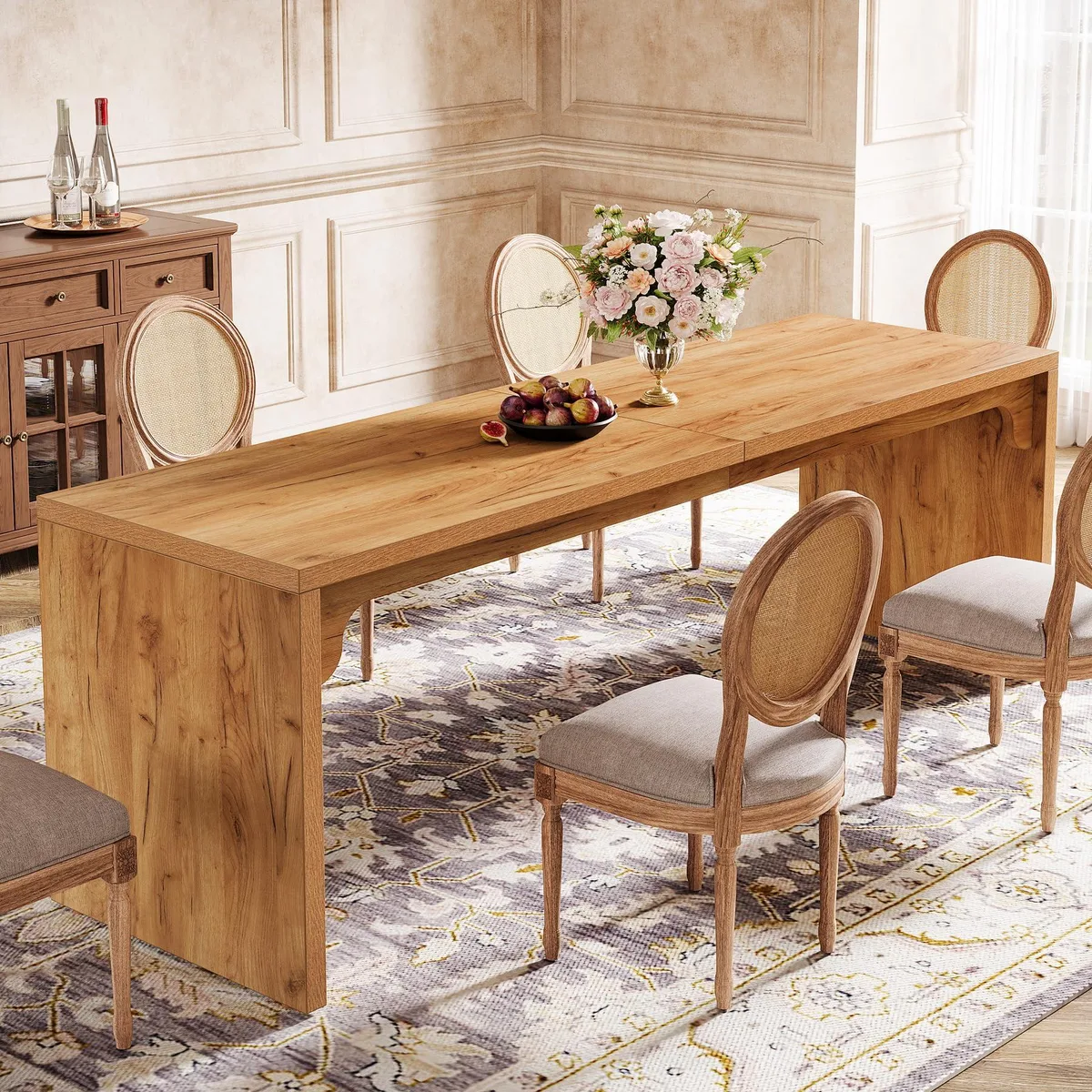 Rectangular brown engineered-wood dining table with semi-wave pedestal base