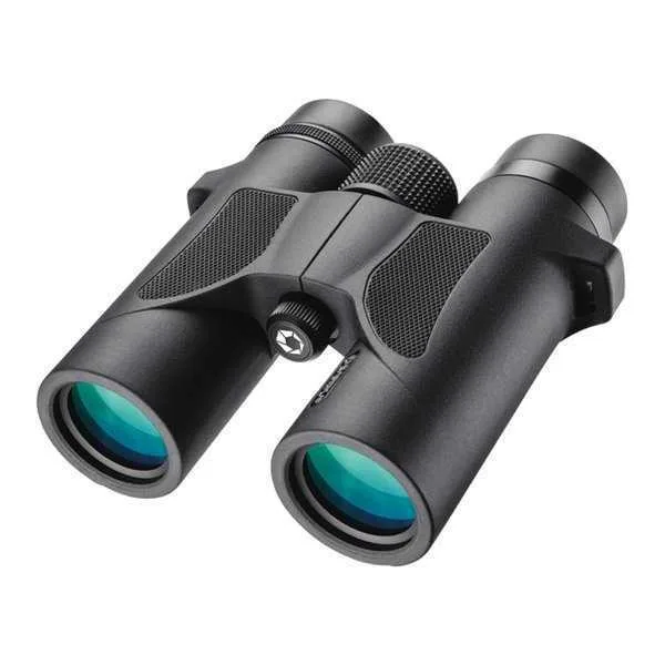 Black roof-prism binoculars with rubber armour and central focus wheel