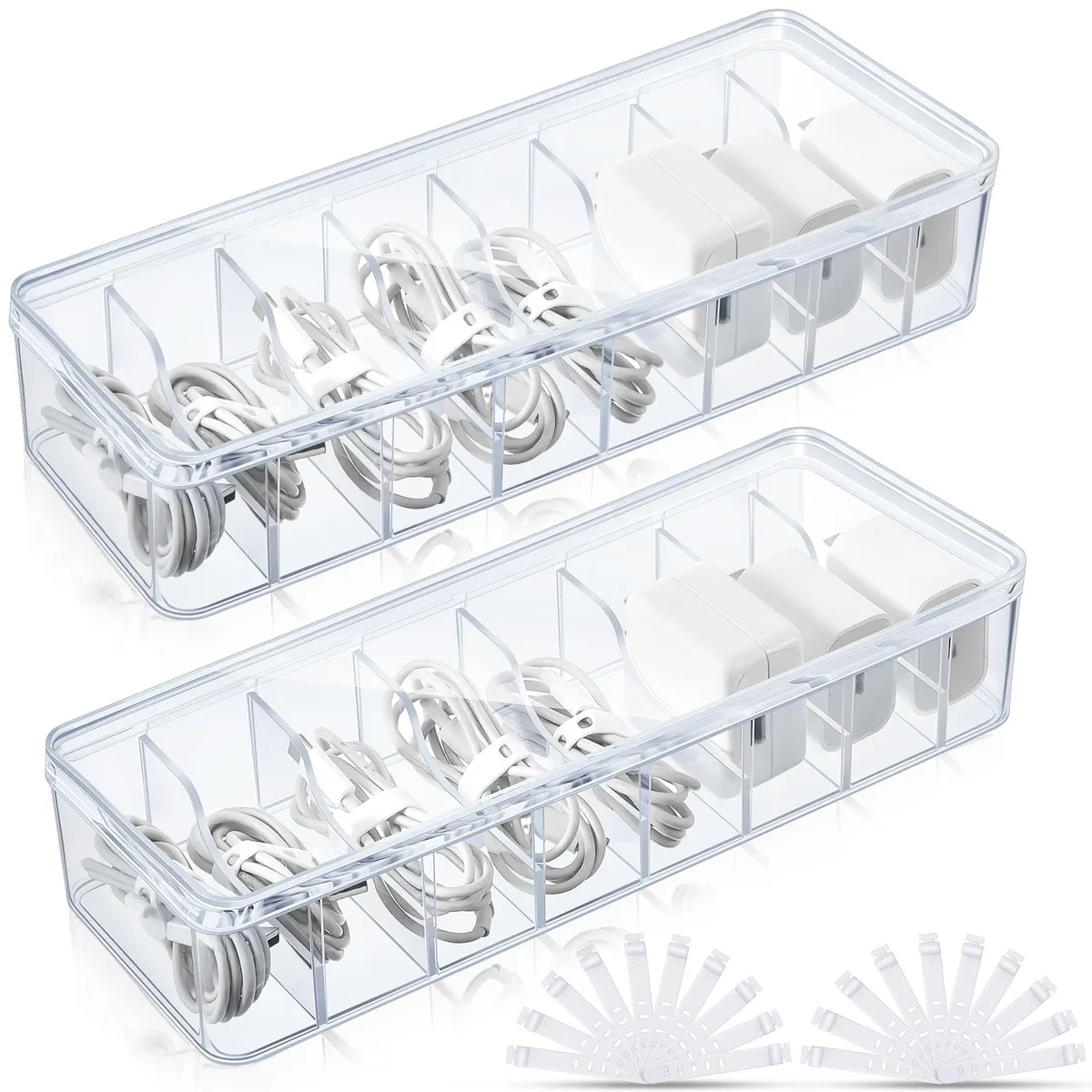  Samsill 2 Pcs Cable Organizer Box with 20 Wire Ties Clear 10.2 x 3.9 x 2.4 in — product photo