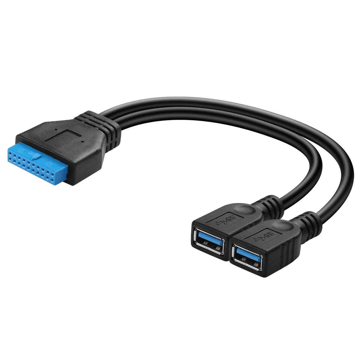 Black 25 cm Y splitter cable with 20 pin header to two USB 3.0 Type A female ports