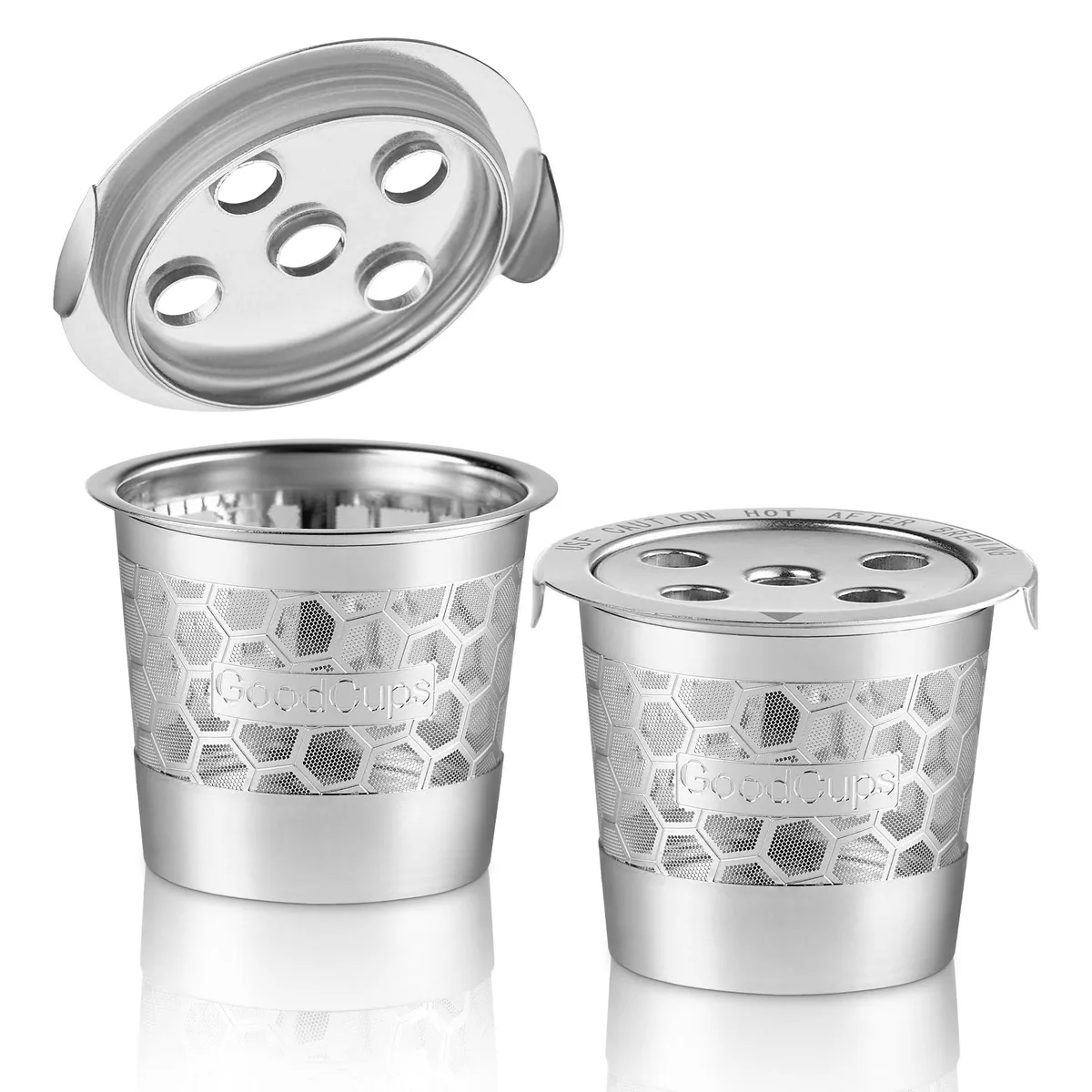 Two silver stainless steel reusable K Cups with mesh filter baskets