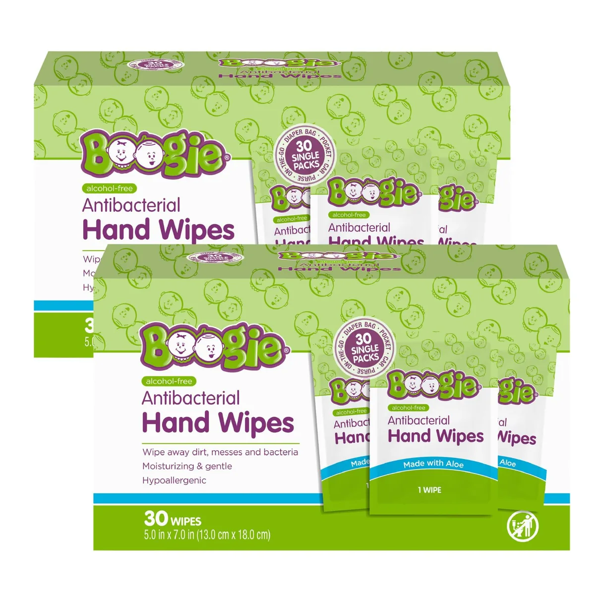 Two packs of 30 antibacterial hand wipes in rectangular packaging