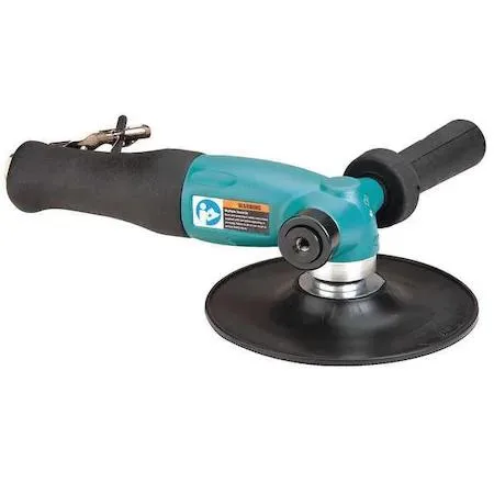 Blue right-angle pneumatic disc sander with 7-inch threaded pad, side exhaust, 3/8-inch NPT inlet, 1.3 HP motor