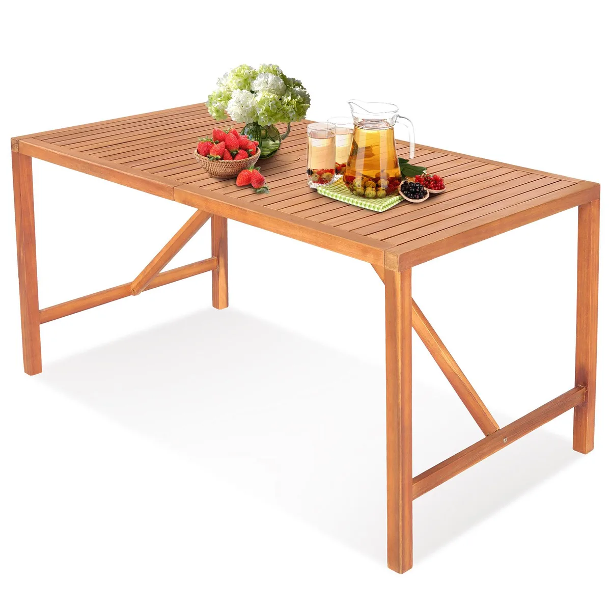 Rectangular natural acacia wood dining table with umbrella hole