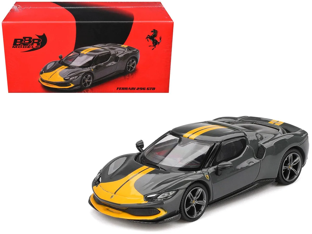 BBR BBR Ferrari 296 GTB Assetto Fiorano Grigio Scuro Yellow Stripes 1/64 Diecast — product photo
