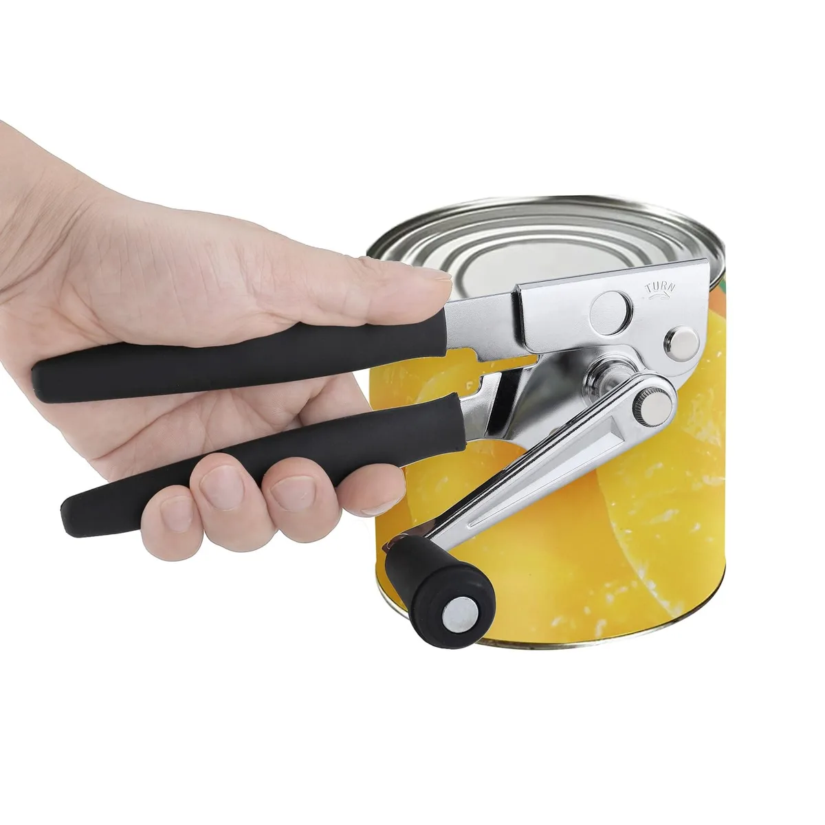 Silver stainless steel manual crank can opener with rubber handles, 8.86 inches tall