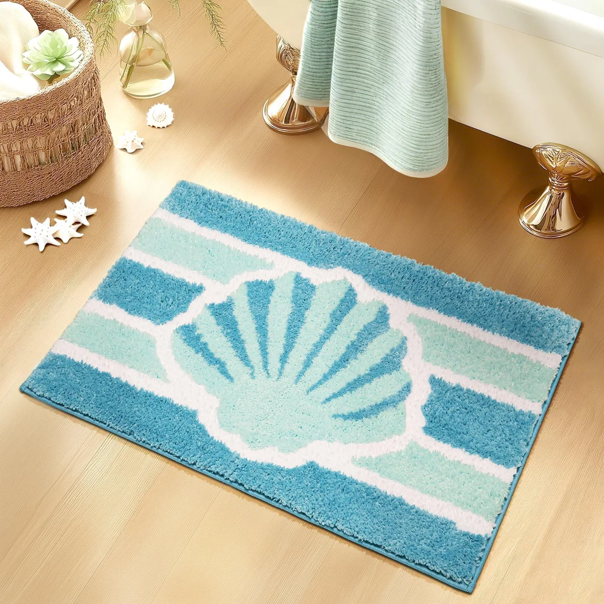 Small beige polyester runner rug with non-slip backing, machine washable, 16 by 24 inches