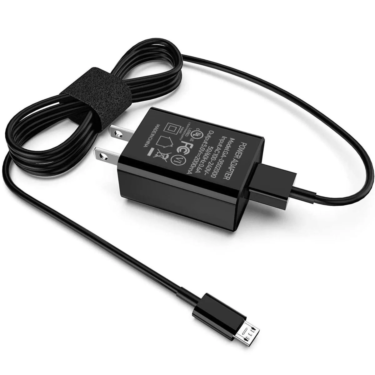Black USB wall charger with 6.6ft 2-in-1 cable attached