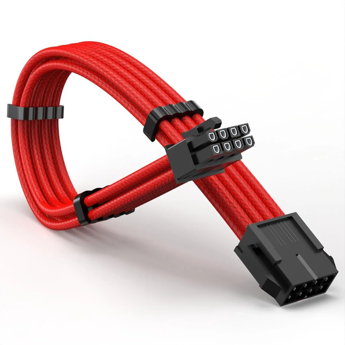 Red nylon-braided GPU 8-pin extension cable with black connectors, 30 cm long