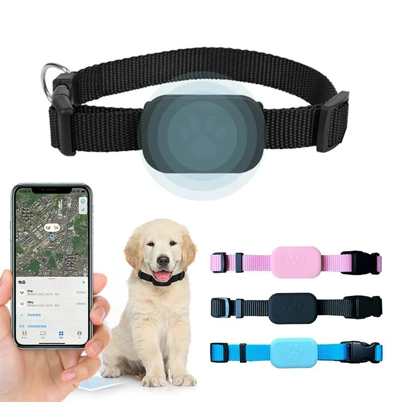Black small pet GPS tracker collar with adjustable nylon strap and CR2032 battery