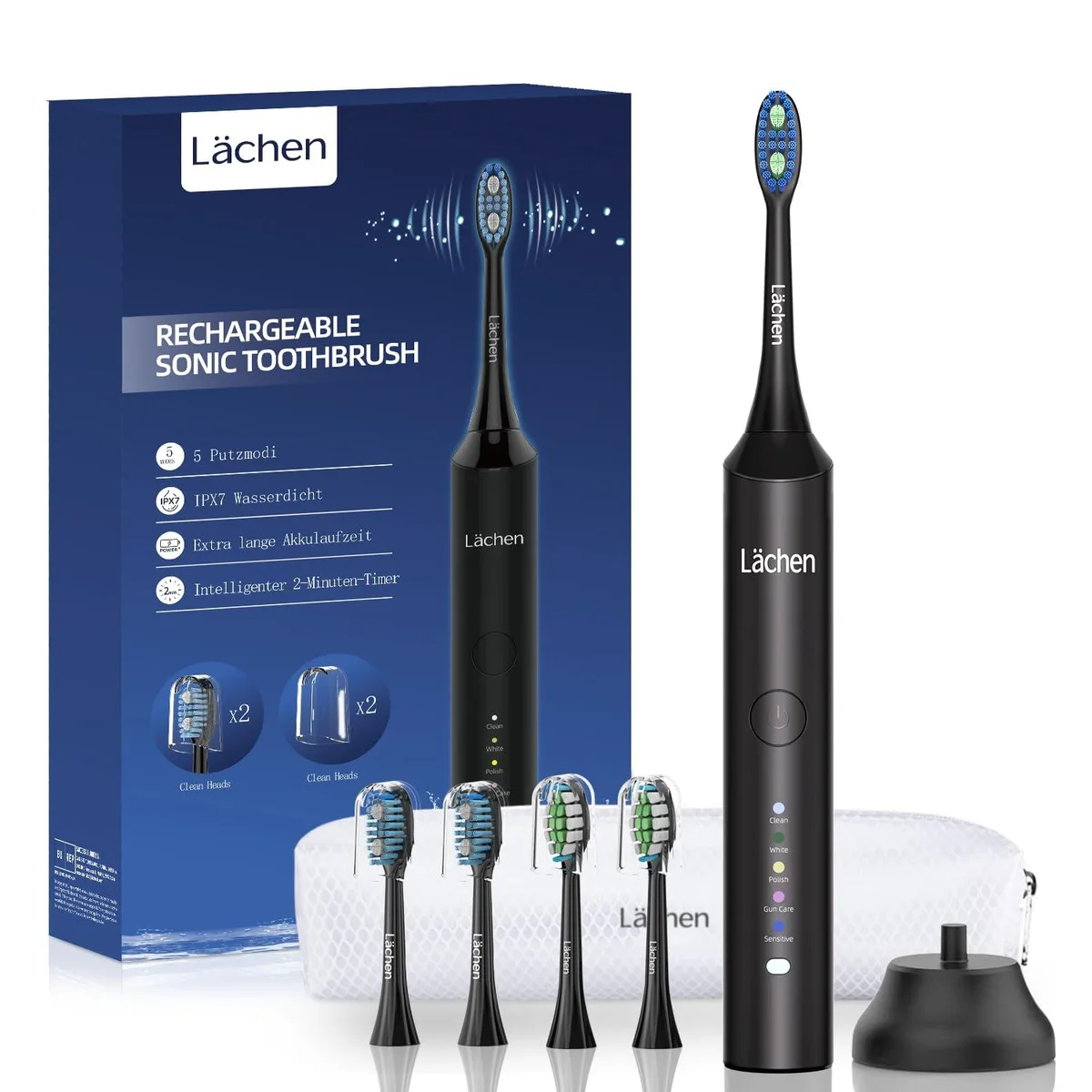 Black sonic electric toothbrush with travel case and charger