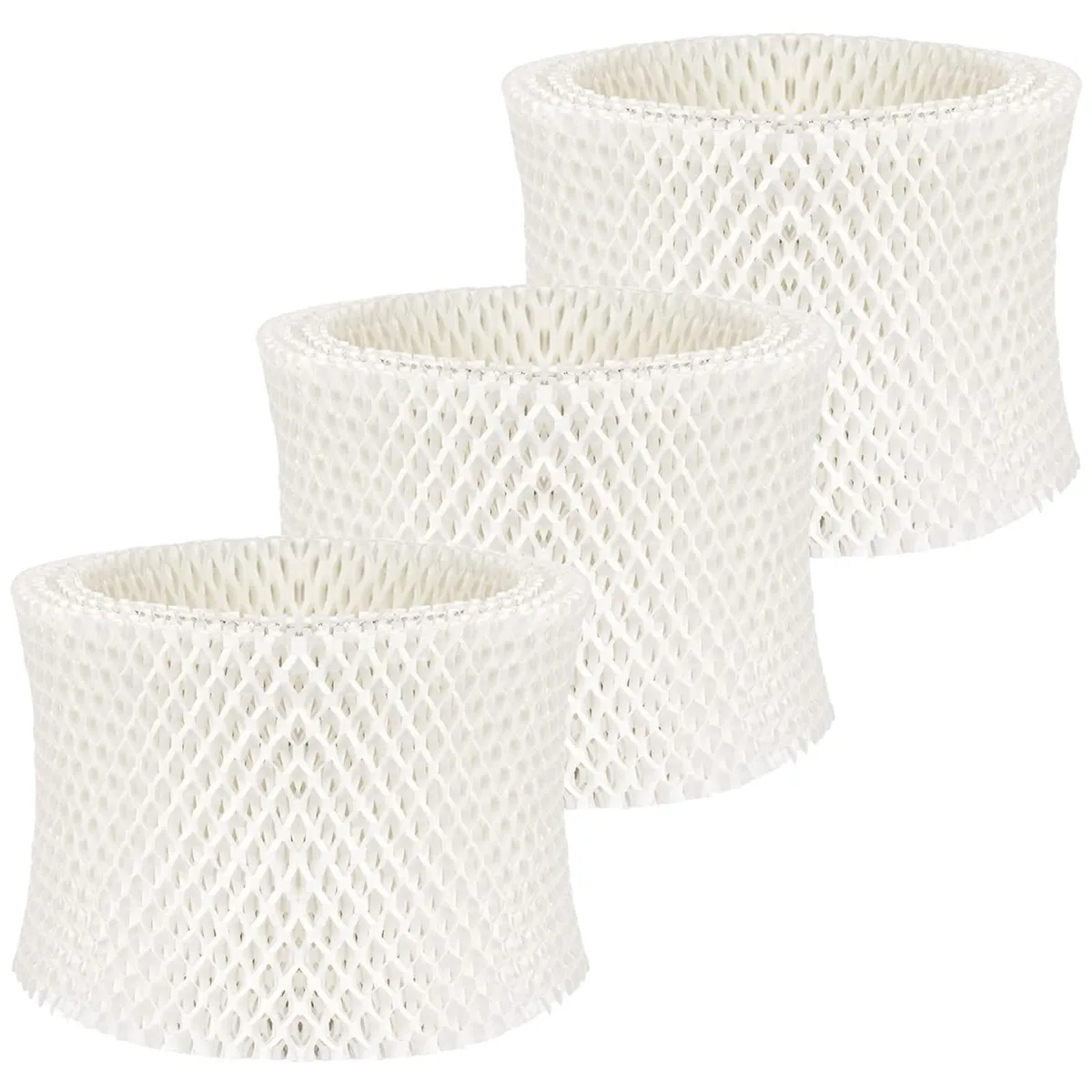 Three white rectangular humidifier wick filters in a pack