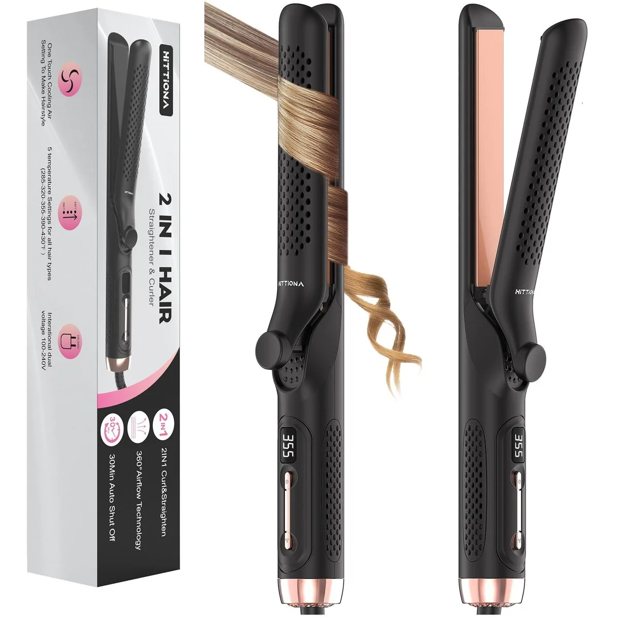 White and rose-gold 1.25-inch 2-in-1 hair straightener and curler with vented barrels and LCD display