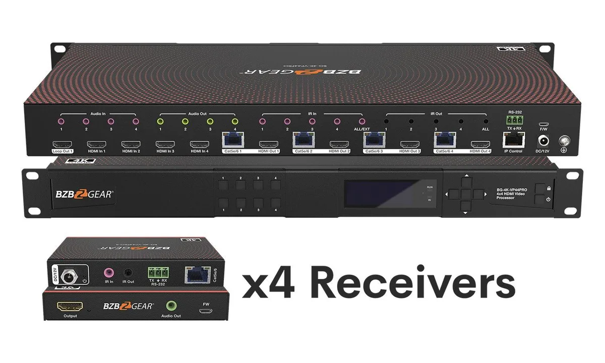 BZBGEAR BZBGEAR BG-4K-VP44PRO 4x4 4K HDMI Matrix Switch over Cat5e/6/7 Kit with 4 Receivers — product photo
