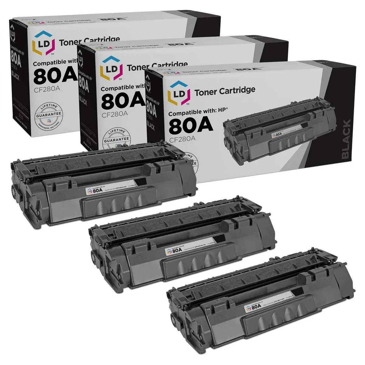 Three black rectangular toner cartridges in white retail packaging