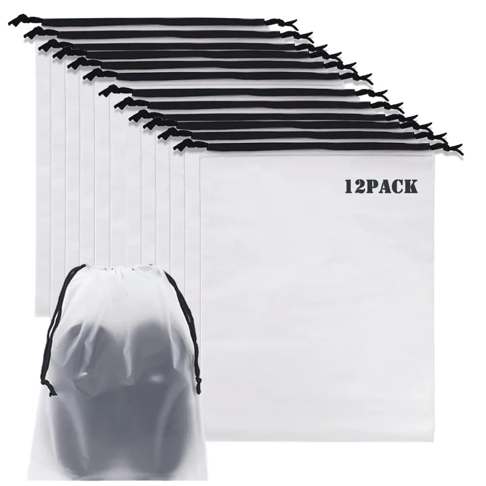 Twelve clear drawstring shoe bags in a stack
