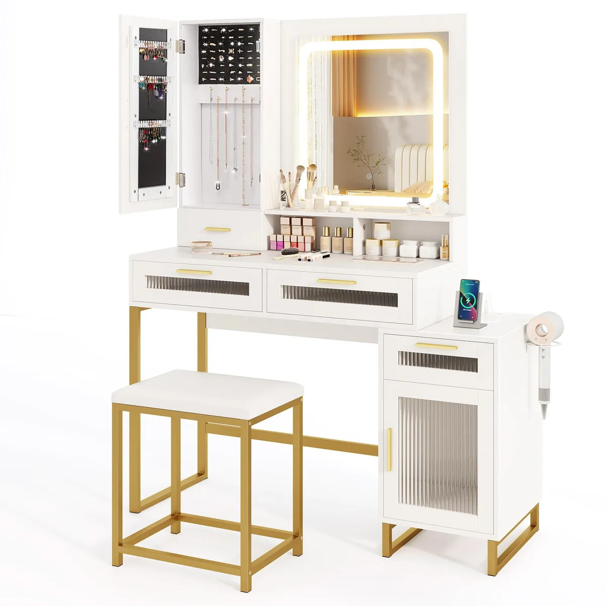 White vanity desk with lighted mirror, gold accents, matching stool, 44 inches wide