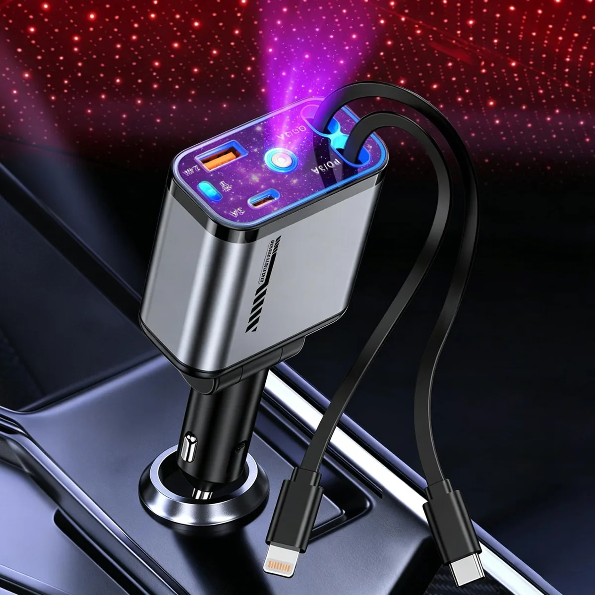 Black retractable car charger with two built-in cables, two extra ports, and a starry-sky roof light