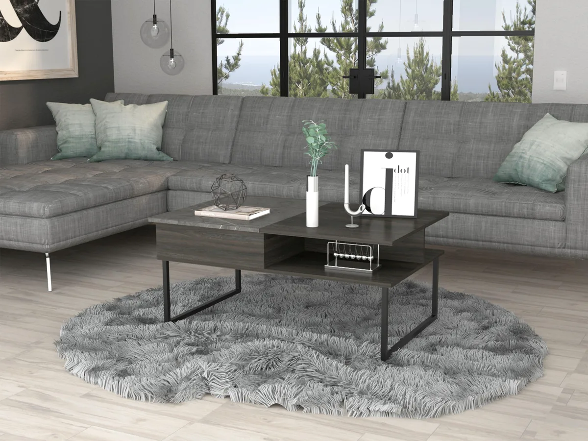 Rectangular lift-top coffee table in multicolor engineered wood with four metallic legs