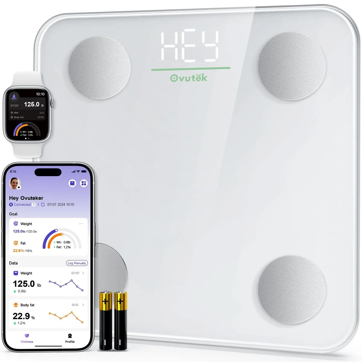 White rectangular digital bathroom scale with tempered glass platform and LED display