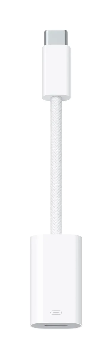 White Apple USB-C to Lightning adapter with short braided cable and compact connector ends