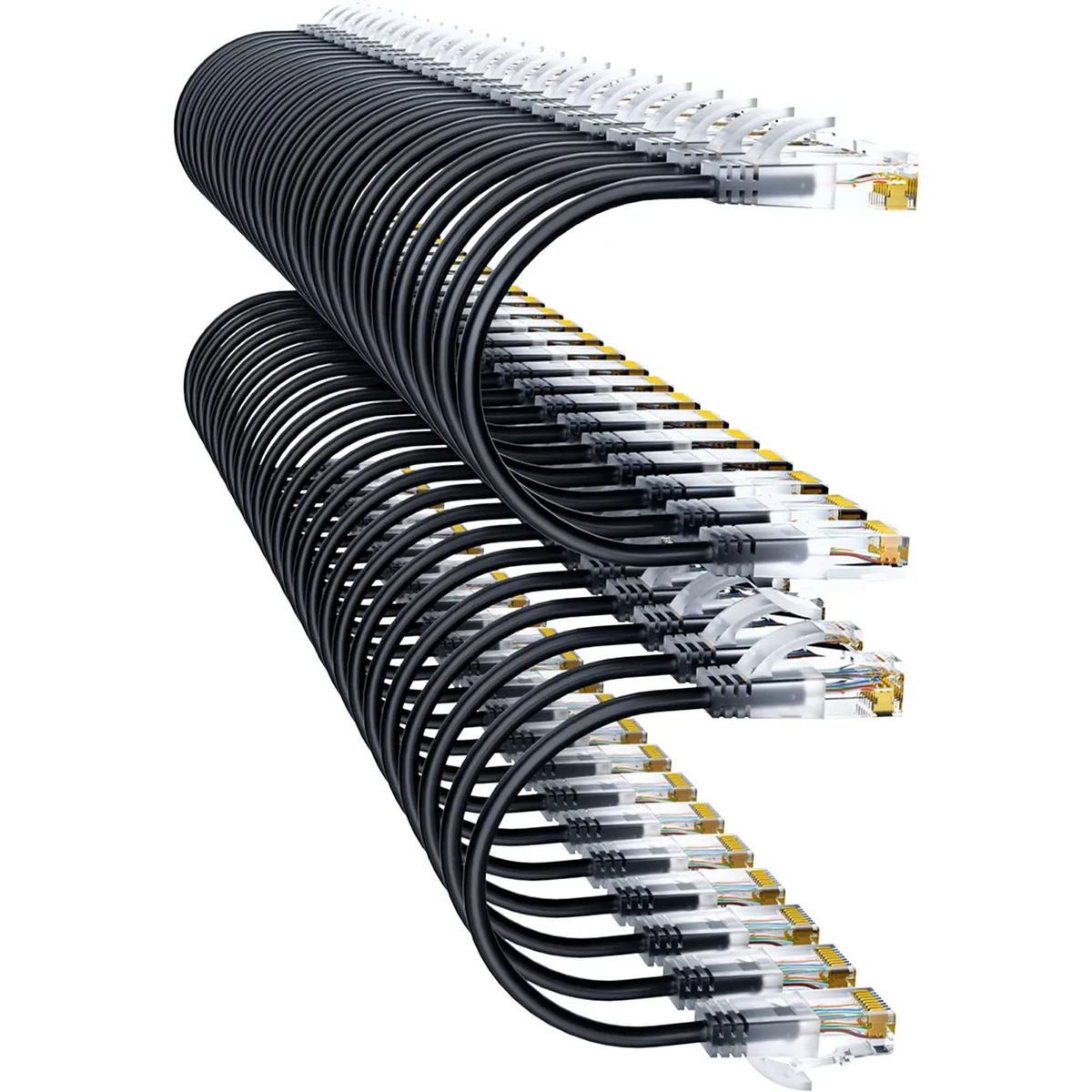 Forty-eight black ultra-slim Cat6a patch cables, each half a foot long with clear snagless RJ45 boots