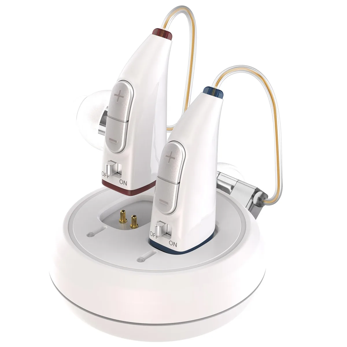 Two white behind-the-ear hearing amplifiers with magnetic charging base