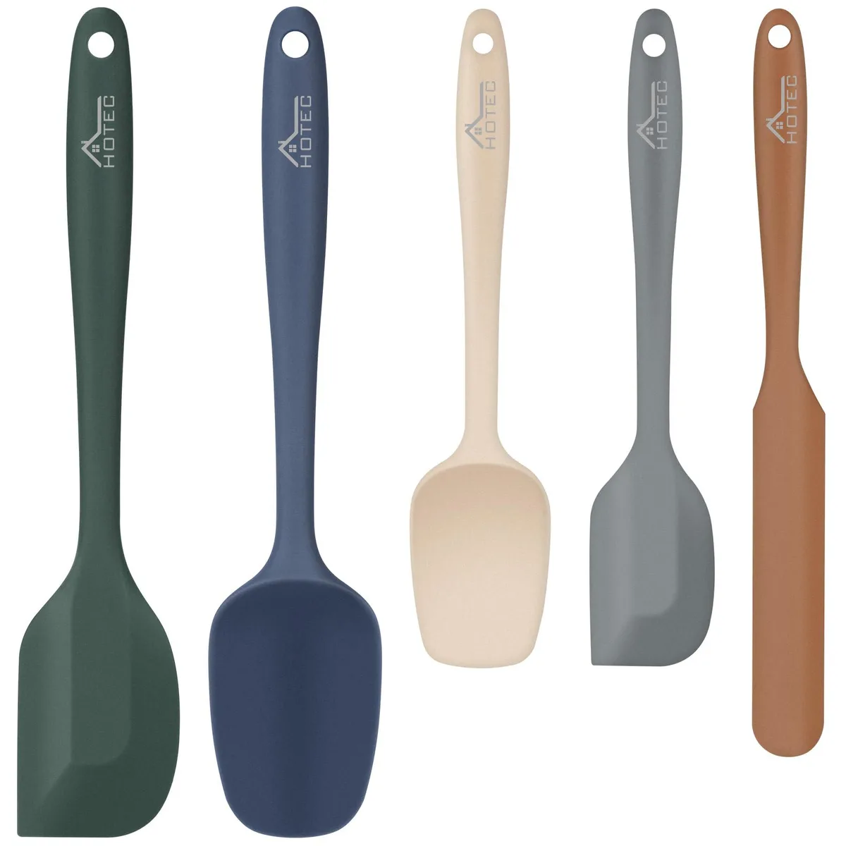 Five ivory silicone spatulas in mixed shapes and sizes