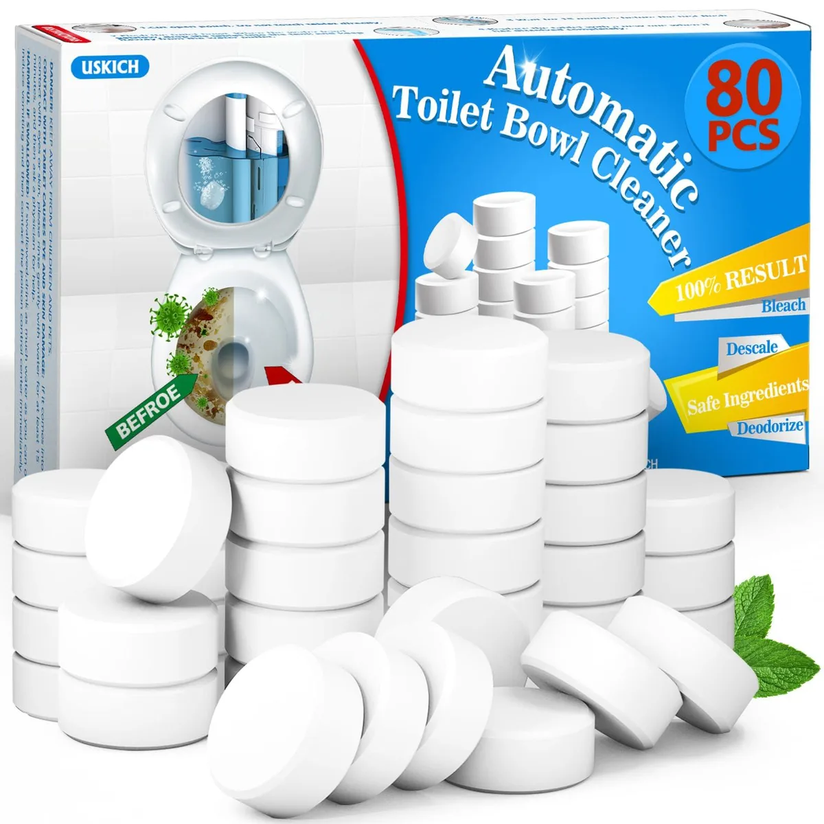 Blue rectangular box containing 80 white toilet tank cleaner tablets