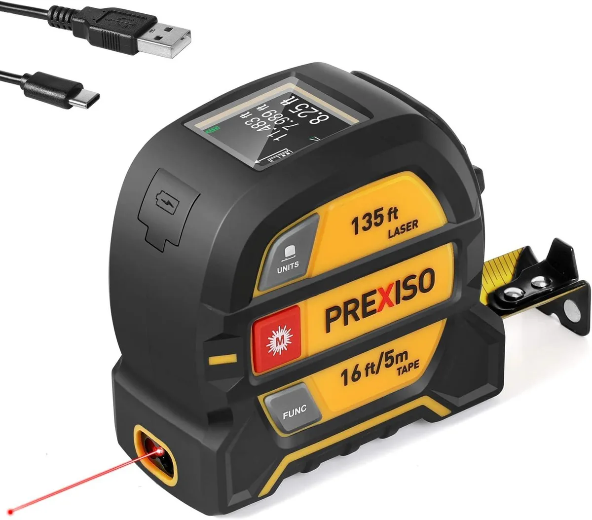 WUQ 2-in-1 laser tape measure 135Ft laser 16Ft tape rubberised ABS case magnetic hook