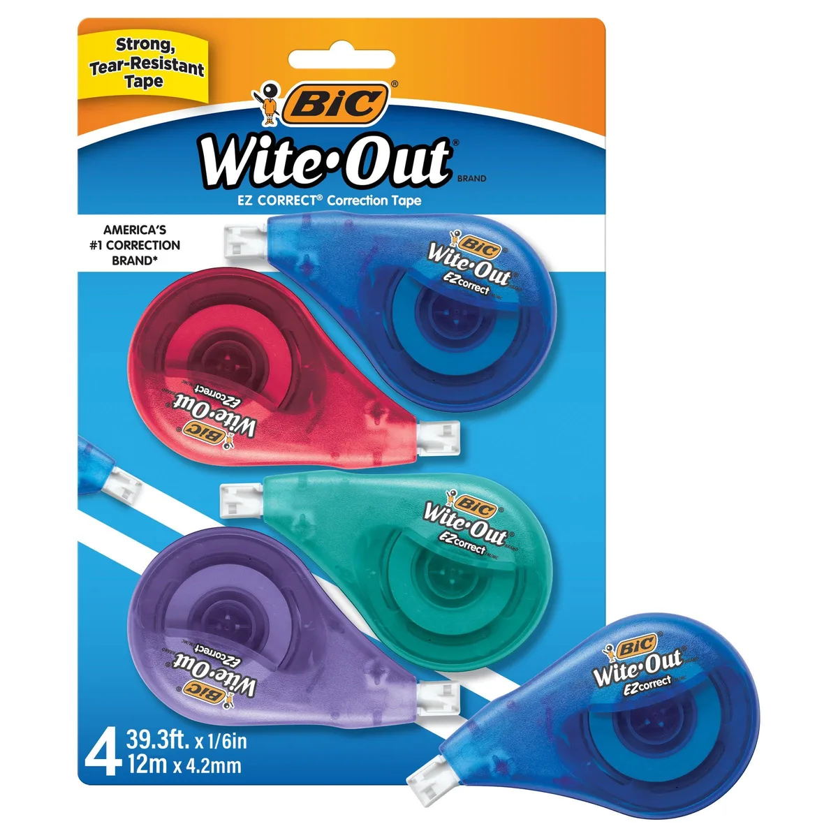 Four white correction tape dispensers in clear plastic cases side by side