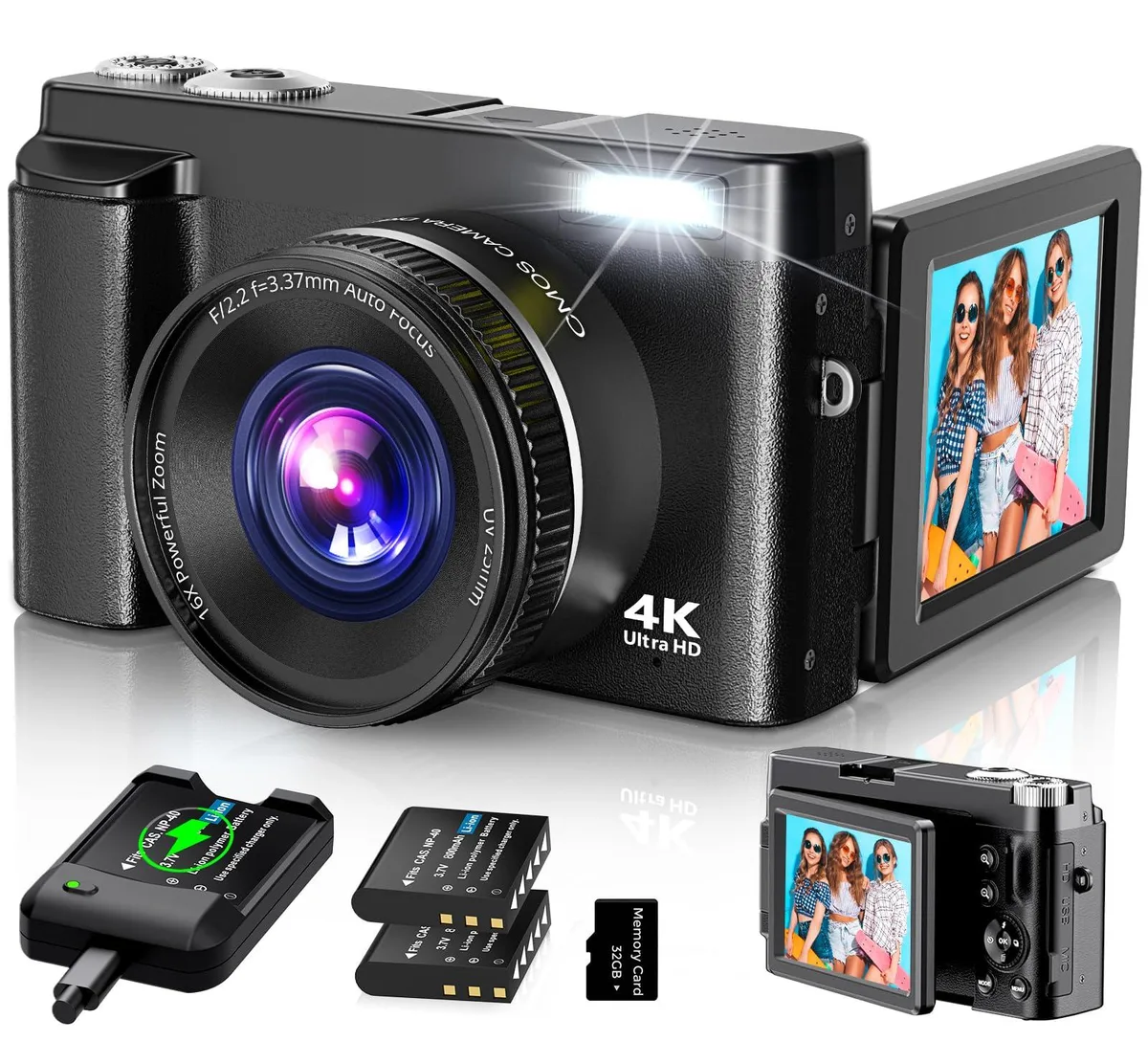  Duluvulu DC101 48MP 4K Compact Camera 16X Zoom 3.0" 180° Flip Screen Black — product photo